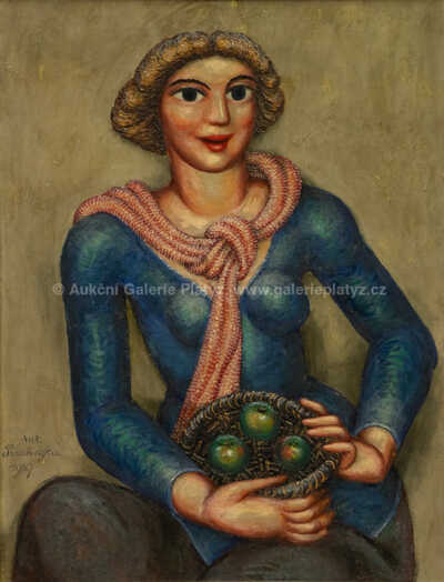  / Dáma v modré halence s košíkem jablek / Antonín Procházka