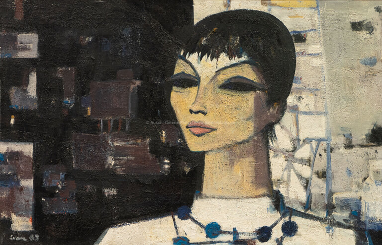  / Žena v bílých šatech s modrými korály / Ivan Sedliský