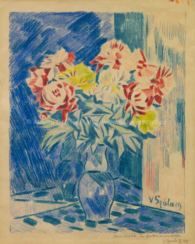  / Kytice pivoněk - pastelem ručně kolorovaný zkušební tisk / Václav Špála