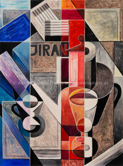 Robert Jiran - Monochromatické kubistické zátiší s konvicí na čaj a cukřenkou