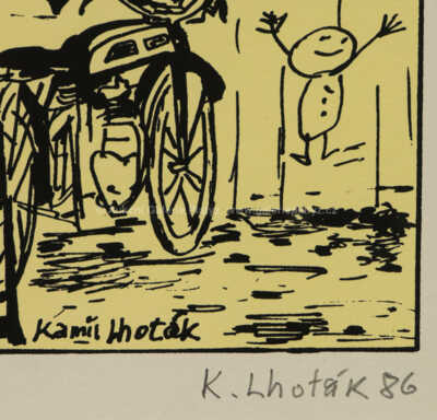  / Motocykl a dvojplošník u továrního komínu / Kamil Lhoták