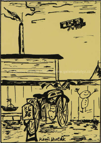  / Motocykl a dvojplošník u továrního komínu / Kamil Lhoták