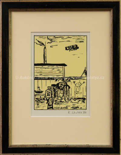 Kamil Lhoták - Motocykl a dvojplošník u továrního komínu