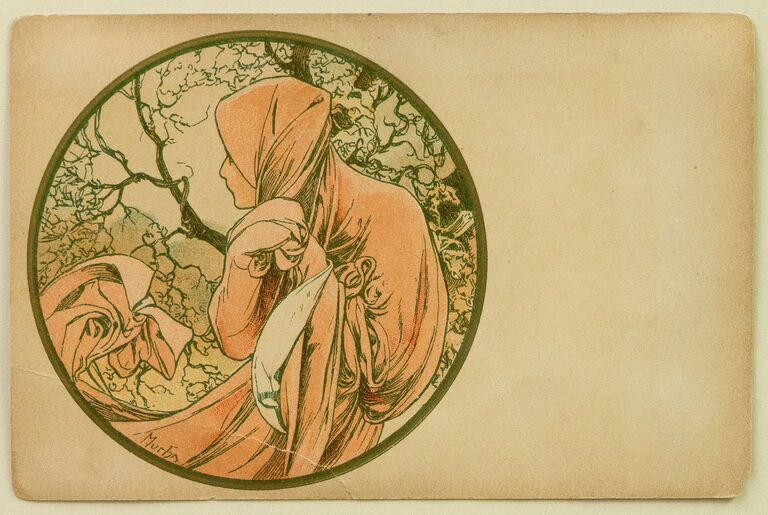 Alfons Mucha - Leden - původní litografická pohlednice